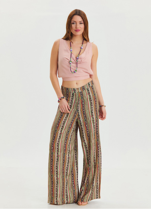 High Waist Loose Cut Khaki Palazzo Trousers 4537